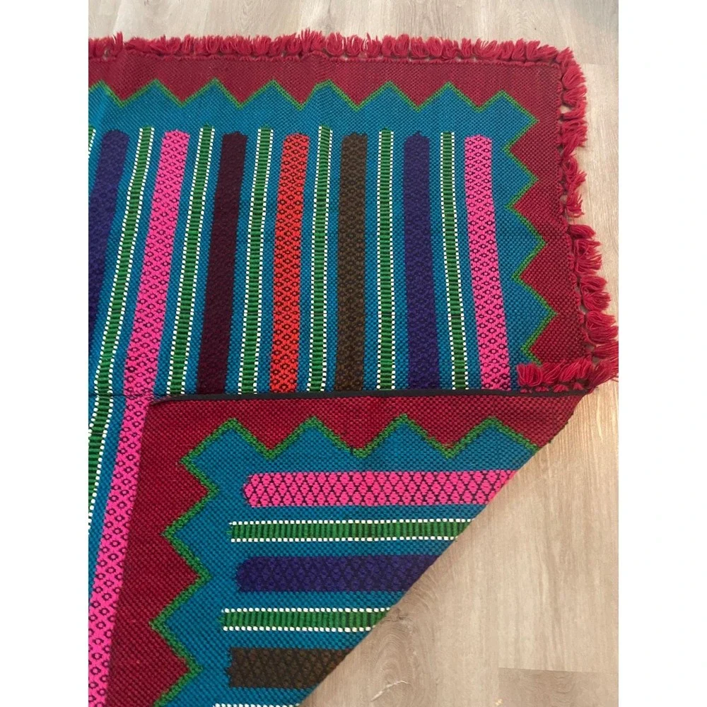Vintage Mayan Blanket Rug Guatemalan‎ Mexican Wool Frazada Striped Fringe